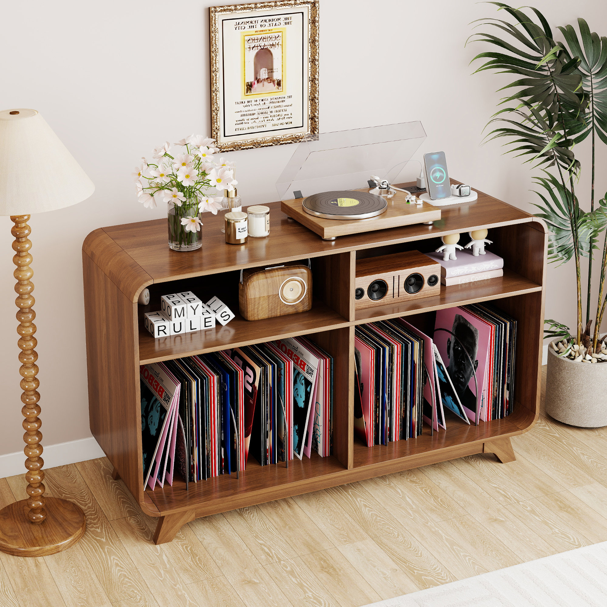 George Oliver Curved Record Player Stand With Storage, Turntable